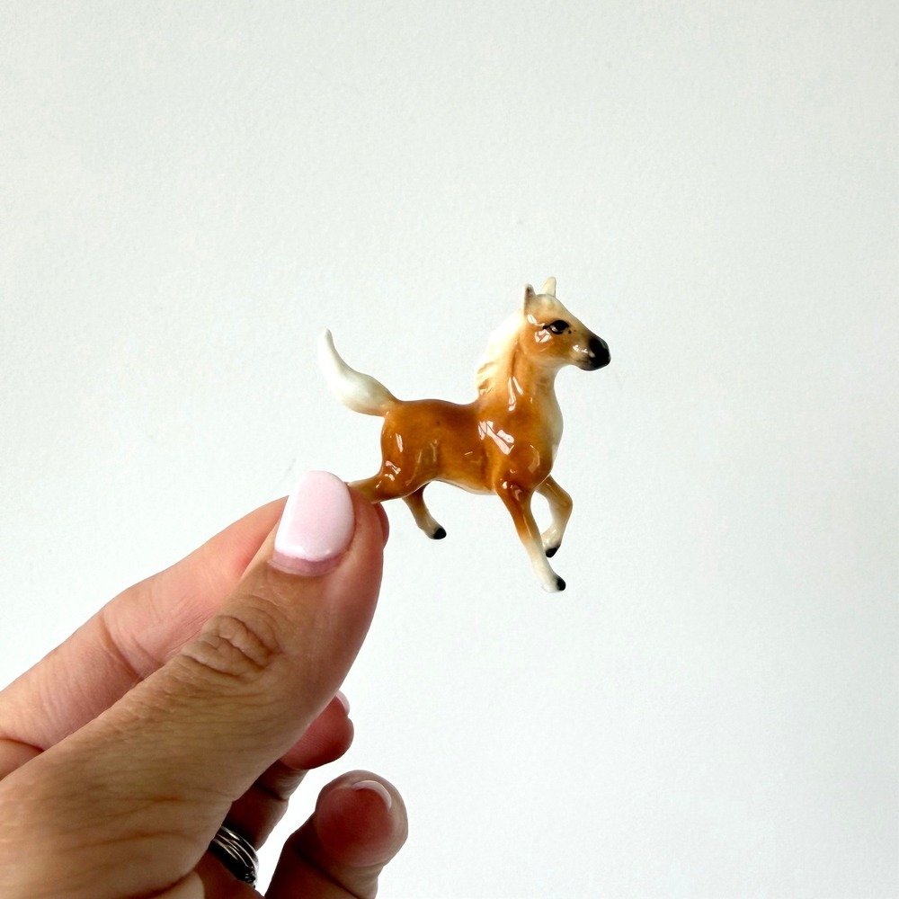 Vintage Miniature Porcelain Horse Figurine Brown White Glossy Ceramic Foal Pony
